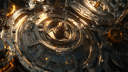 Obraz premium Intricate Close-up of Metallic Gears and Mechanisms with Glowing Highlights in a Futuristic Setting