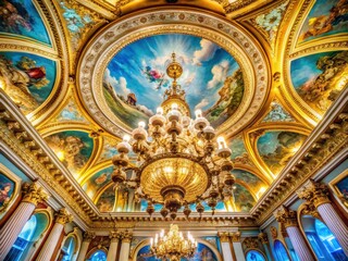 Fototapeta premium Luxury panoramic ceiling designs feature modern and classic chandeliers, exquisite lighting, and high-end interior design ideas.