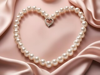Obraz premium An elegant pearl necklace forming a delicate heart on a smooth satin fabric backdrop, with soft lighting. 
