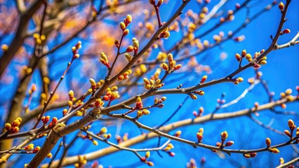 Macro lens reveals a spring branch's intricate beauty, stark against a clear blue sky. Early spring nature photography.