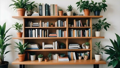 Una estantería moderna y minimalista con varios elementos decorativos y plantas en macetas dispuestas en los estantes