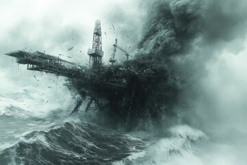 Fototapeta premium Destroyed oil rig engulfed in storm, ocean waves crashing.