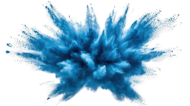 Blue powder exploding creating colorful smoke on transparent background. Transparent background