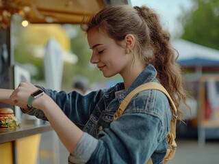 Teenager using a smartwatch to make a contactless payment