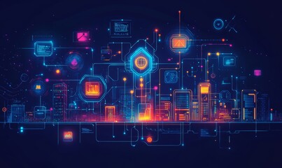 Naklejka premium futuristic city skyline with glowing digital elements, futuristic city skyline, abstract data visualization, digital city, virtual reality, cyberspace, artificial intelligence, technology, innovation.