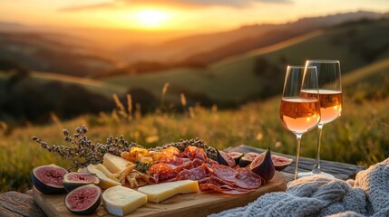A romantic sunset picnic setup with a charcuterie board of cheese, figs, and prosciutto, paired with wine glasses and a soft blanket overlooking a scenic mountain view.