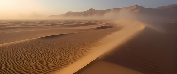 A robust sandstorm moving fluidly across the vast desert creating intricate patterns in the sand