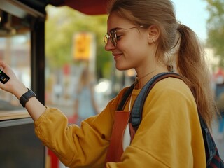 Teenager using a smartwatch to make a contactless payment