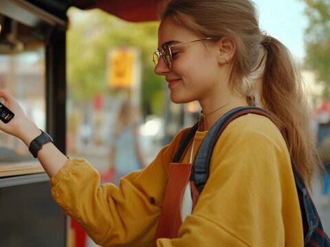 Teenager using a smartwatch to make a contactless payment