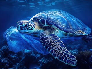 Fototapeta premium Majestic Sea Turtle Swimming Gracefully in Clear Blue Ocean Water, Encountering a Plastic Bag in a Coral Reef Habitat Threatening Marine Life