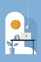 Fototapeta premium Minimalist illustration of an abstract symbolic wallpaper composition representing home office, AI generated