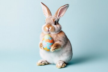 Obraz premium Fluffy rabbit holds colorful egg, symbolizing joy and renewal in