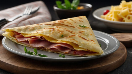 Close-up view of a realistic folded triangle crepe filled with ham and cheese on a plate