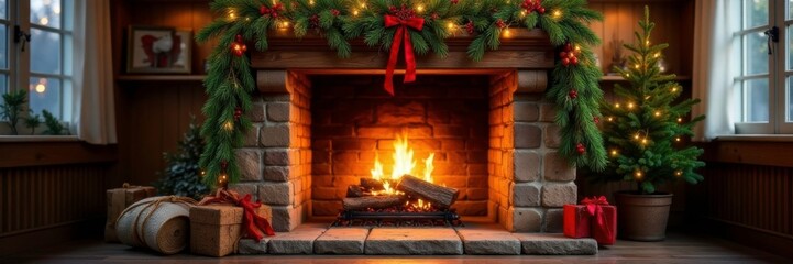 The fireplace is adorned with evergreen branches, holly and mistletoe, christmas, fireplace, inviting