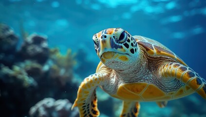 Fototapeta premium Majestic sea turtle swimming gracefully in crystal clear ocean waters among colorful coral reefs and marine life, showcasing underwater beauty and biodiversity