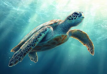 Obraz premium Majestic Sea Turtle Swimming Gracefully in Crystal Clear Ocean Waters with Sunlight Filtering Through Waves and Vibrant Coral Reefs Below