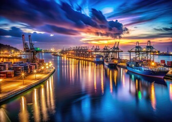 Fototapeta premium Night's harbor lights shimmer on water, a breathtaking cityscape reflected in the long exposure's dreamy glow.