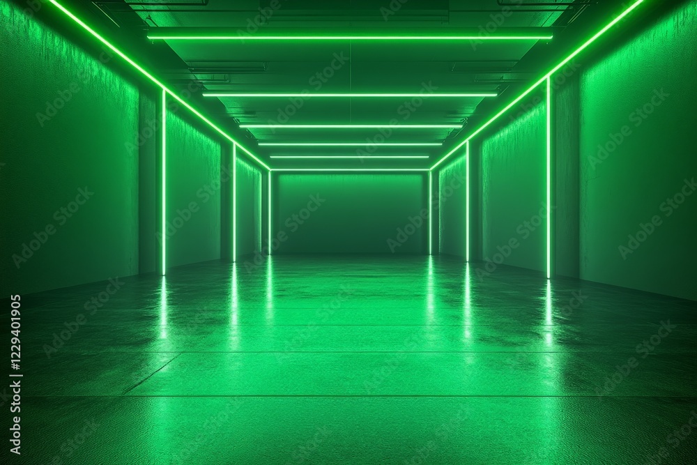 Poster bright green illuminated corridor in an urban space showcasing modern design elements and a minimali