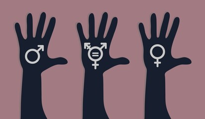 Fototapeta premium Three arm prints vector illustration with male, female and transgender signs. Human rights, gender equality symbols. Hand silhouettes on pink background, sex rights as metaphor of social issue
