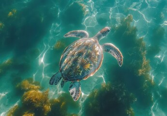 Majestic Sea Turtle Swimming Gracefully Through Clear Aquatic Environment Surrounded by Vibrant Underwater Vegetation and Sunlit Waves