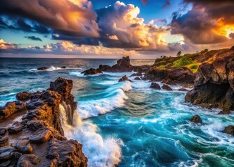 Obraz premium Ocean waves crash on volcanic rock; Hawaii's minimalist beauty captured.