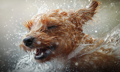 Wet happy dog drying itself by shaking off water. Macro. Light background. 