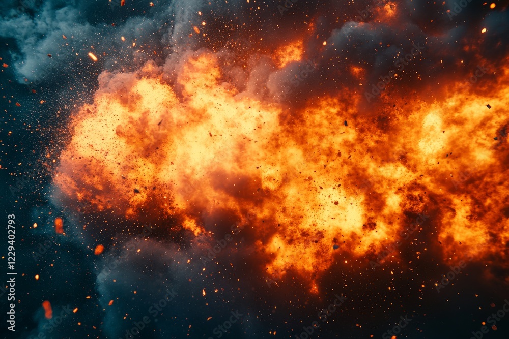 Aufkleber Dynamic explosion creating vibrant flames and smoke in a dark setting at night
