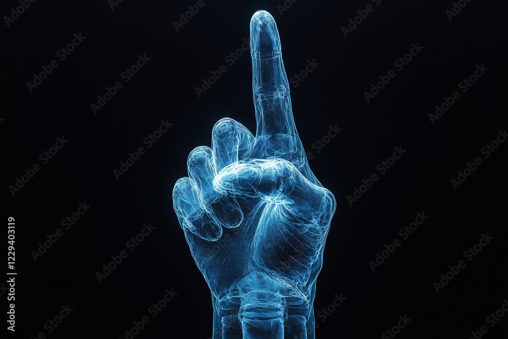 Leinwandbilder hand in gesture with upward finger pointing, illuminated in blue on a dark background showcasing a m