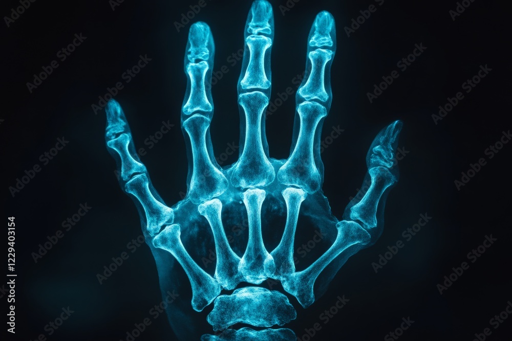 Aufkleber x-ray image of a human hand showing detailed bone structure and joints in vibrant blue color against