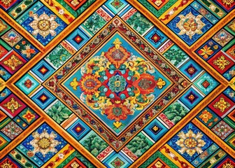 Panoramic diagonal lines create an abstract oriental geometric textile design.