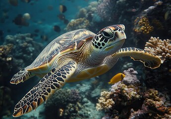 Fototapeta premium Majestic Sea Turtle Swimming Gracefully Through Colorful Coral Reef Ecosystem Under Clear Blue Water