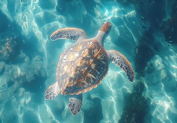 Obraz premium Majestic Sea Turtle Swimming Gracefully Through Crystal Clear Blue Water in Underwater Paradise of Marine Life