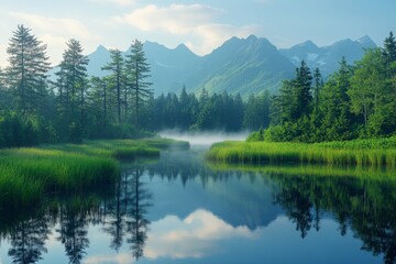 Serene mountain landscape reflecting on calm water with lush greenery and misty morning light