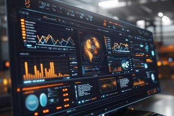Complex data analytics interface displaying global trends and visualizations in a modern workspace