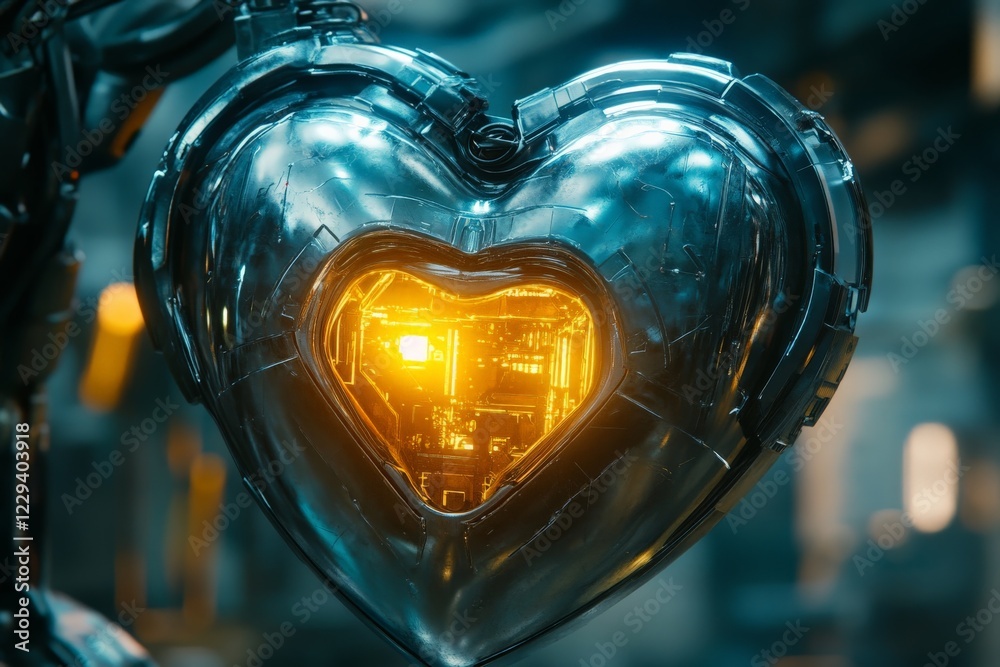 Leinwandbilder futuristic heart-shaped mechanical device illuminated in vibrant yellow light displayed in a high-te
