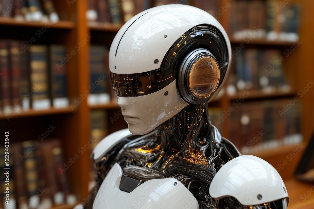 Aufkleber humanoid robot with sleek design exploring a library filled with books
