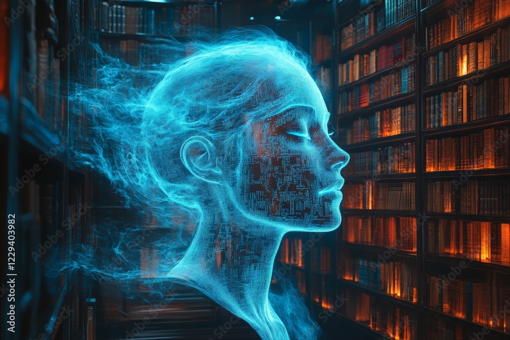 Leinwandbilder digital representation of a woman in a library with swirling light and data patterns