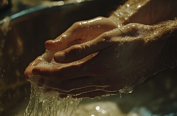 Fototapeta premium A person is thoroughly washing their hands with soap at a sink