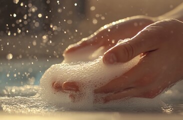 Fototapeta premium A person is thoroughly washing their hands with soap at a sink