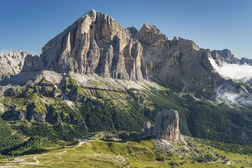 View from the mountain Nuvolau to the rock group Five Towers, Tofana di Rozes behind, Fanes group,...