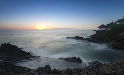 Sunset, surf on rocky coast, Costa Adeje, Tenerife, Canary Islands, Spain, Europe
