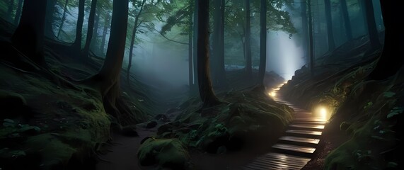 A serene forest trail leading to a hidden waterfall