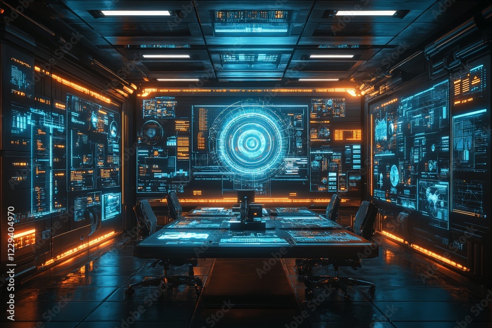 Fototapete futuristic control room filled with high-tech screens and glowing interfaces during an evening setti