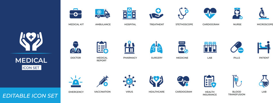 Medical icon set featuring healthcare, hospital, nurse, patient, prescription, stethoscope,  doctor, and clinical symbols for apps, reports, and branding.