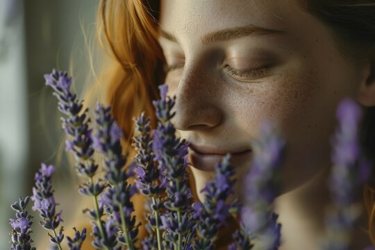 A woman savouring the scent of lavender flowers (Lavendula), AI generated, AI generated, AI generated
