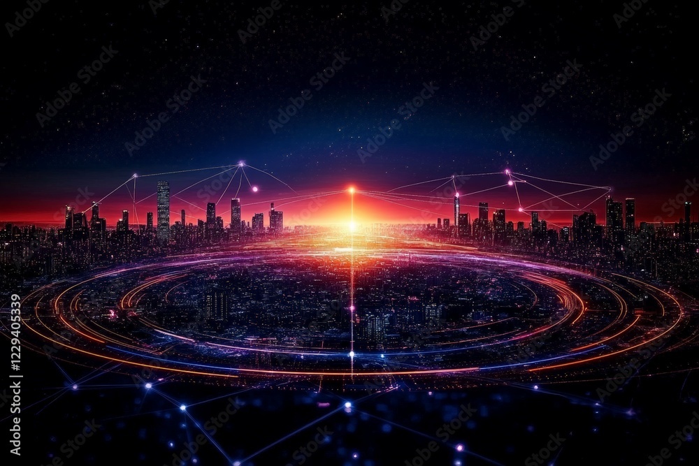 Fototapete Urban skyline illuminated by a vibrant sunset with interconnected networks and a central light source showcasing digital transformation