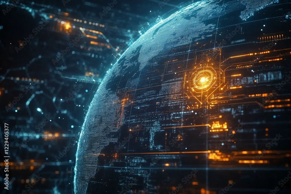 Aufkleber Digital globe illuminated with data streams and technological connections at night