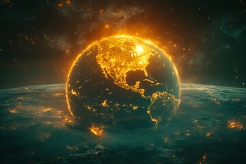 Glowing depiction of North America illuminated against a dark cosmic backdrop