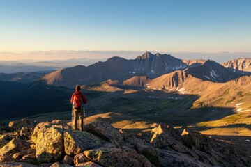 Obraz premium A man with a backpack stands on a mountain observing the view