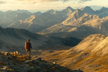 Obraz premium A man with a backpack stands on a mountain observing the view
